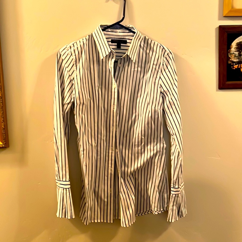 Women’s Long Sleeved Button Down Shirt, Stripes, Ruffles at cuffs, Blue, White